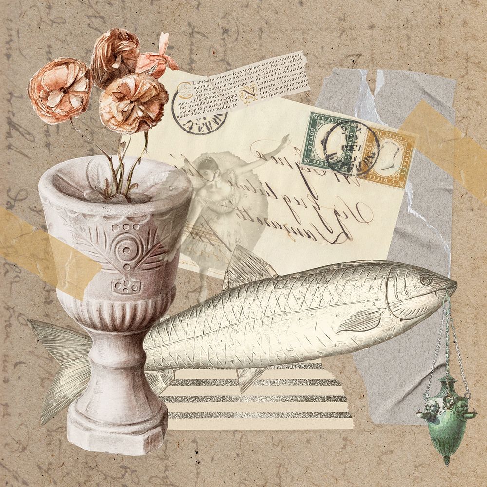 Vintage flower collage, paper crafts, editable design