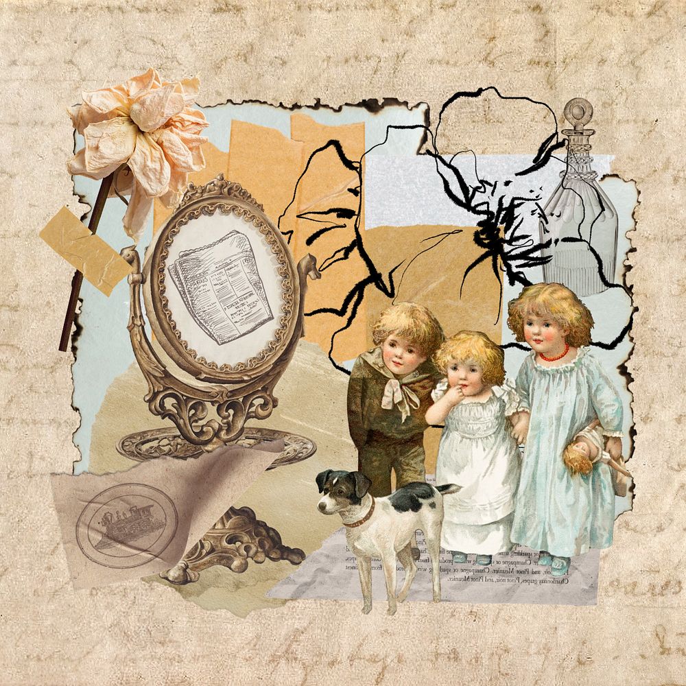 Antique objects collage, ephemera style, editable design