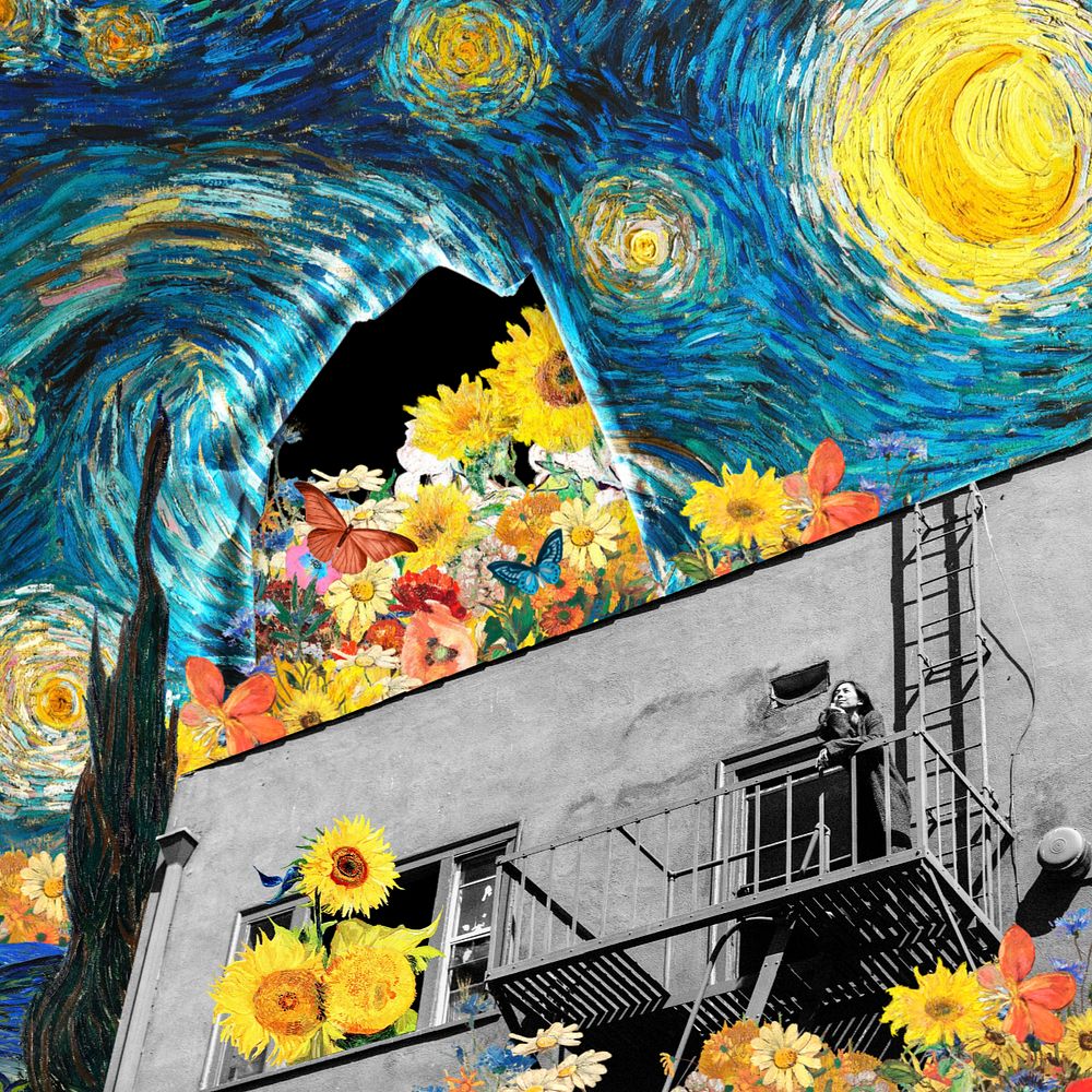 Starry Night building art remix. Remixed by rawpixel.