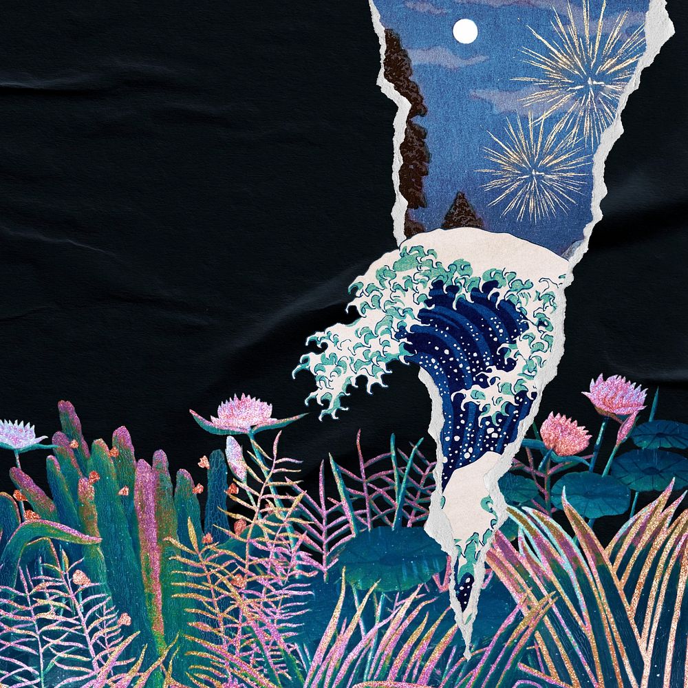 Vintage landscape, Great Wave off Kanagawa. Remixed by rawpixel.