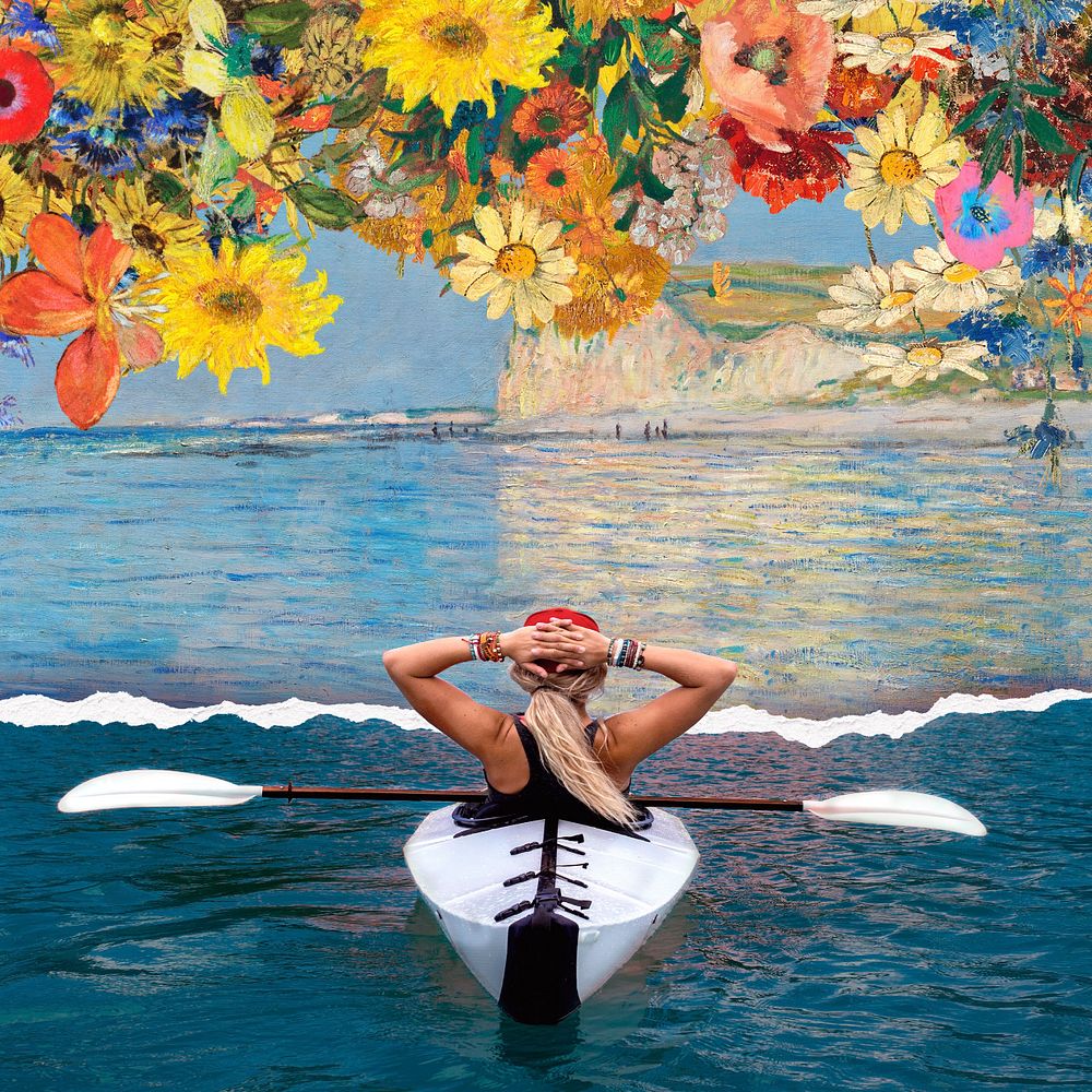 Solo travel art remix, woman kayaking . Remixed by rawpixel.