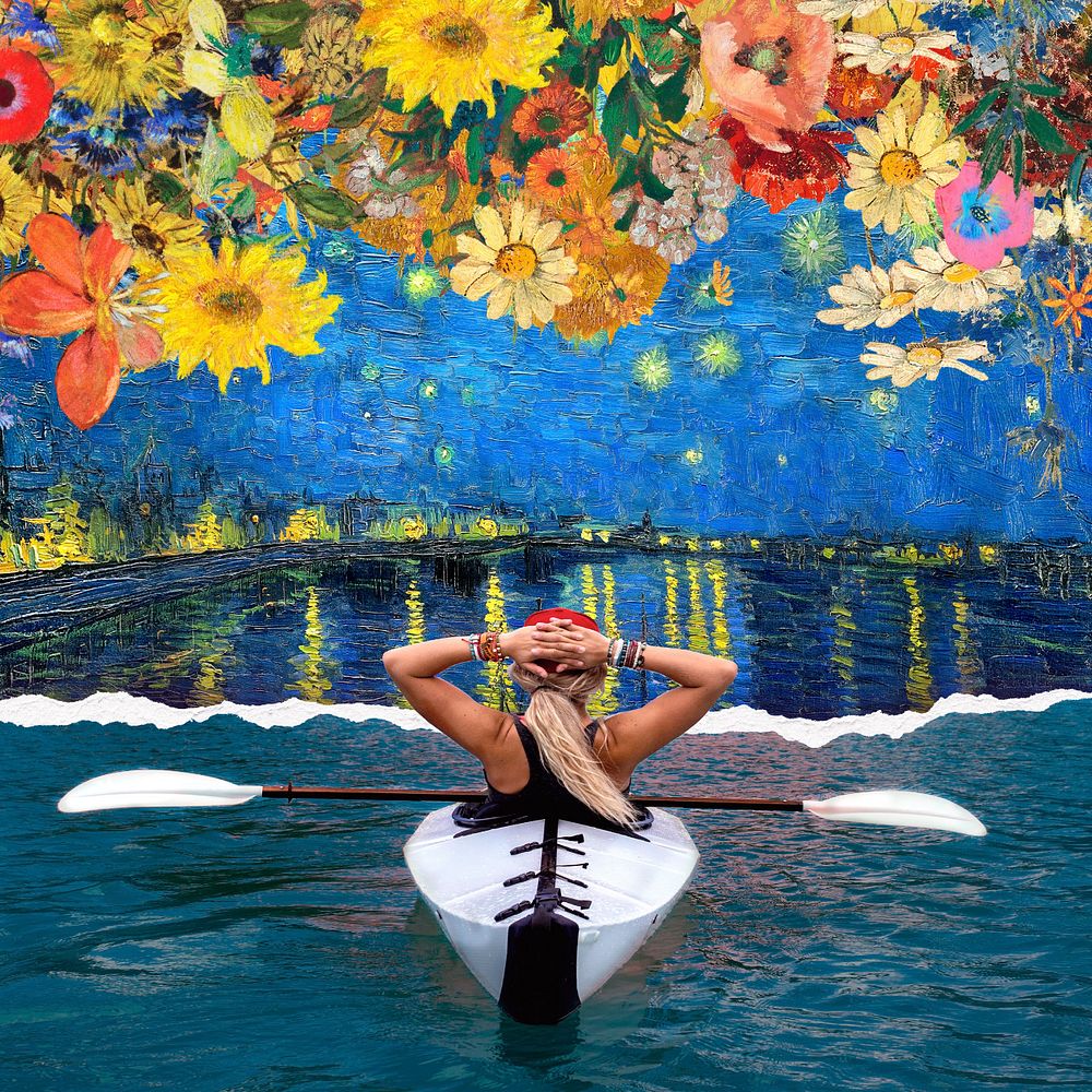 Kayaking art remix, woman kayaking . Remixed by rawpixel.