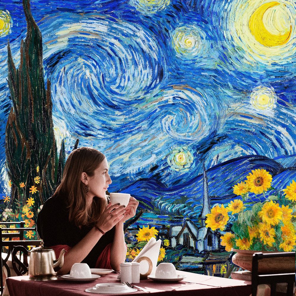 Starry Night art remix, woman in coffee shop editable design. Remixed by rawpixel.