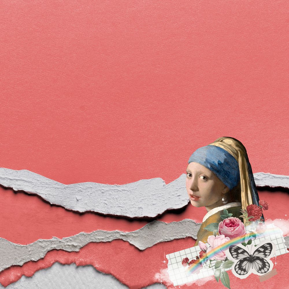 Vermeer girl ripped paper background, customizable design. Famous artwork remixed by rawpixel.