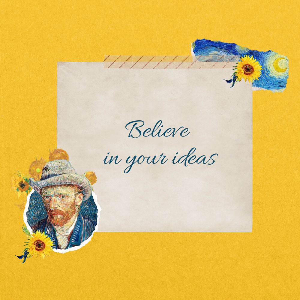 Vintage motivational quote note paper, editable Van Gogh's self-portrait design, remixed by rawpixel