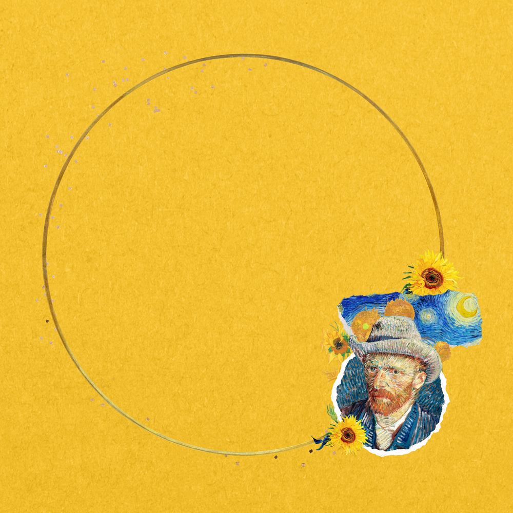 Editable round gold frame, Van Gogh's self-portrait collage design, remixed by rawpixel