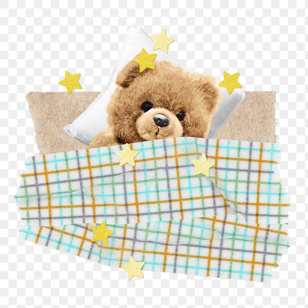 Aesthetic sleeping teddy bear element png, editable vintage collage remix design