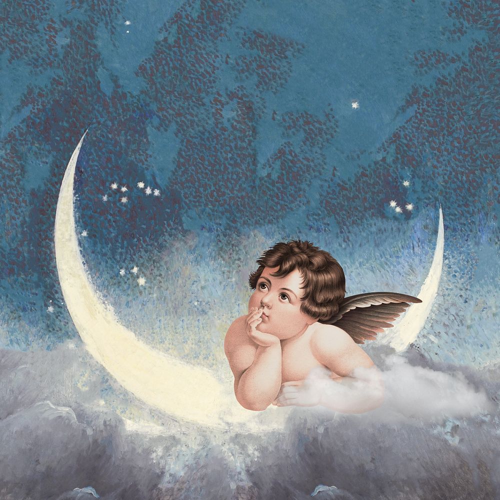 Editable vintage cherub and crescent moon design, remixed by rawpixel