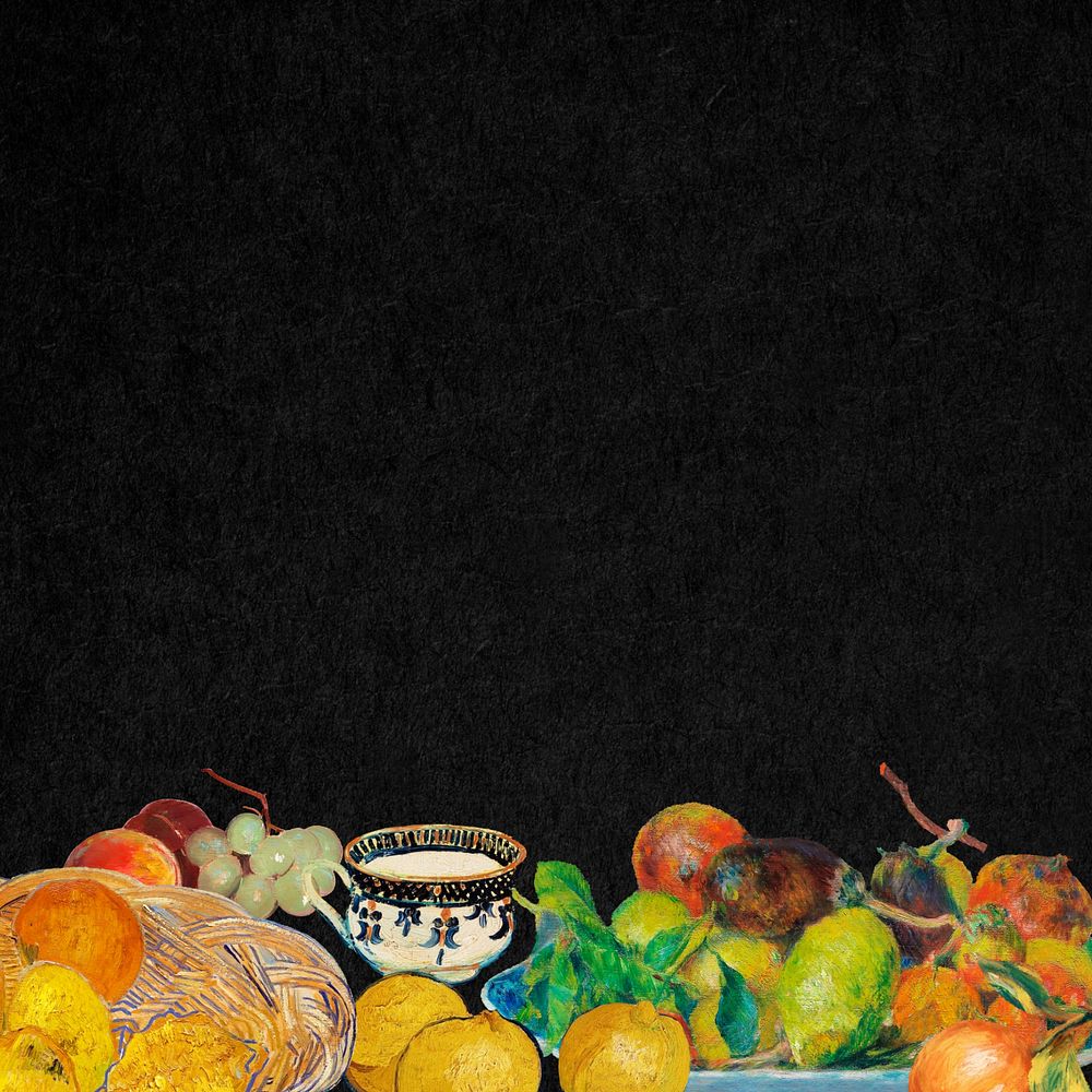 Vintage fruit border black background, editable famous paintings design, remixed by rawpixel