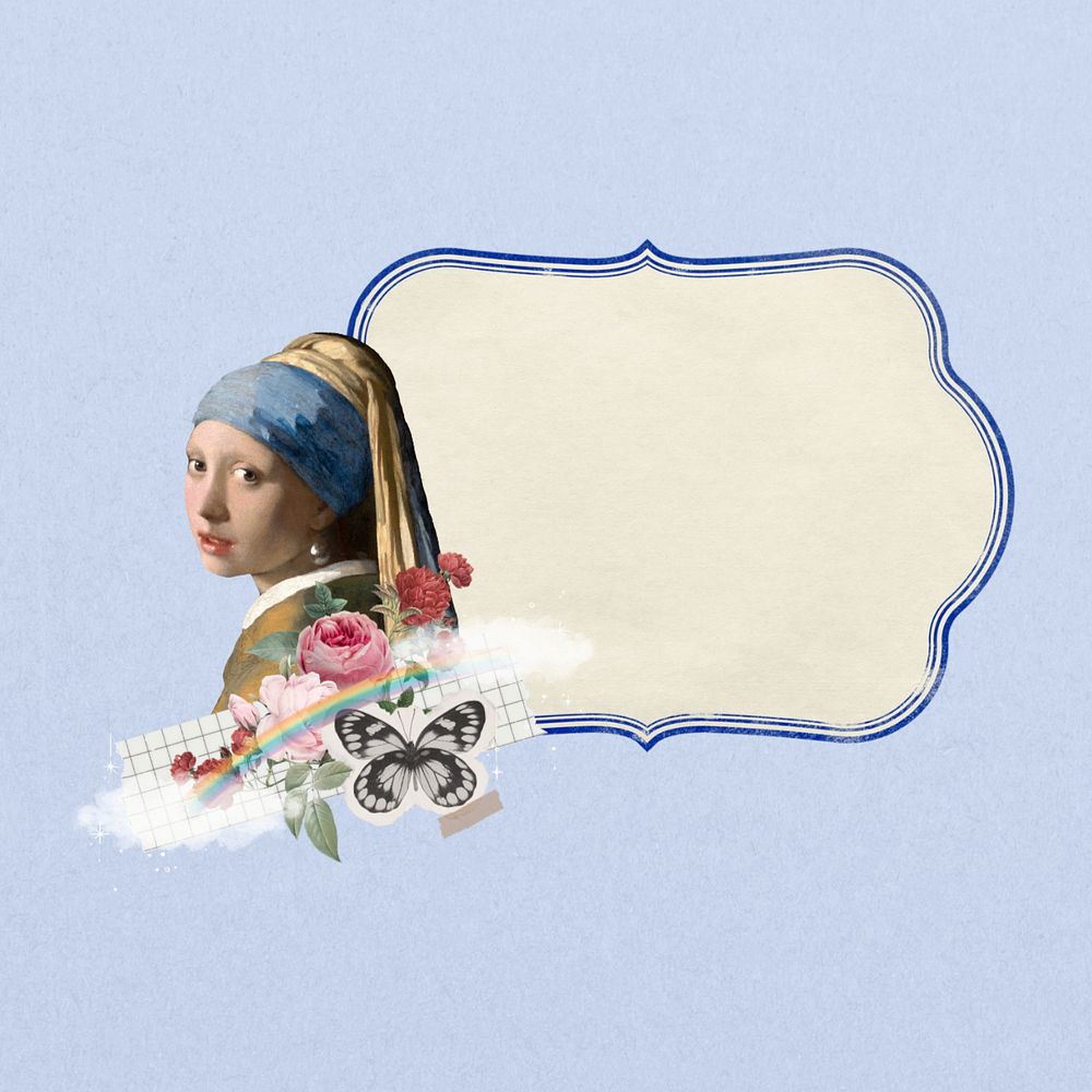 Vermeer pearl earring paper label, editable design. Famous artwork remixed by rawpixel.