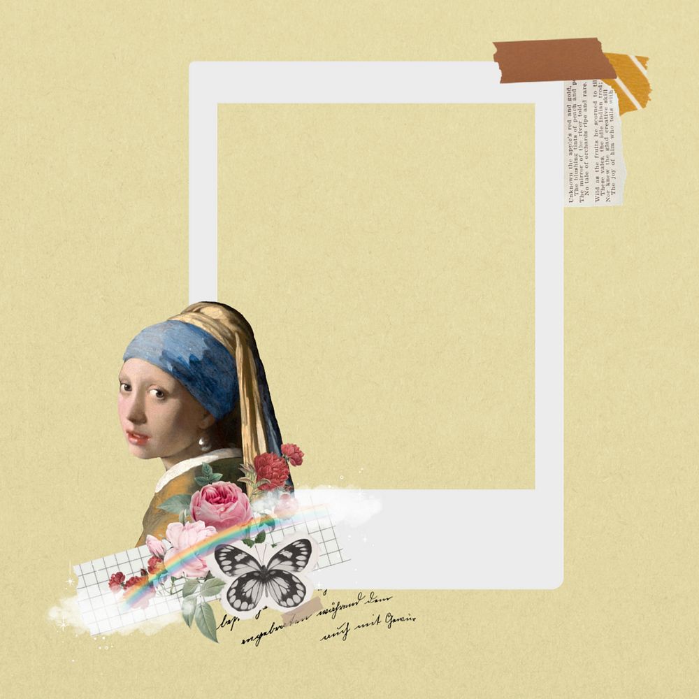 Vermeer pearl earring instant photo frame, editable design. Famous artwork remixed by rawpixel.