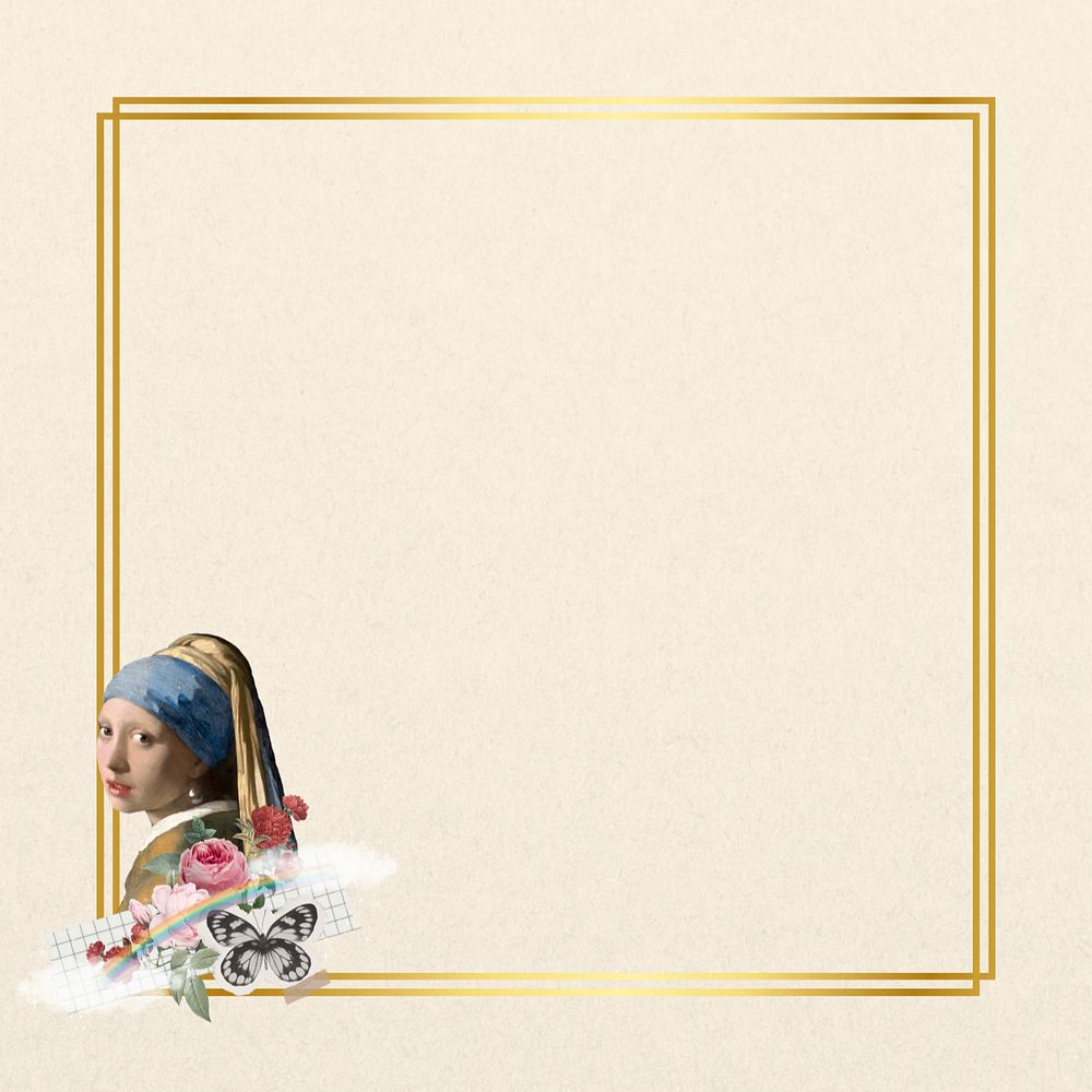 Vermeer pearl earring gold frame, editable design. Famous artwork remixed by rawpixel.