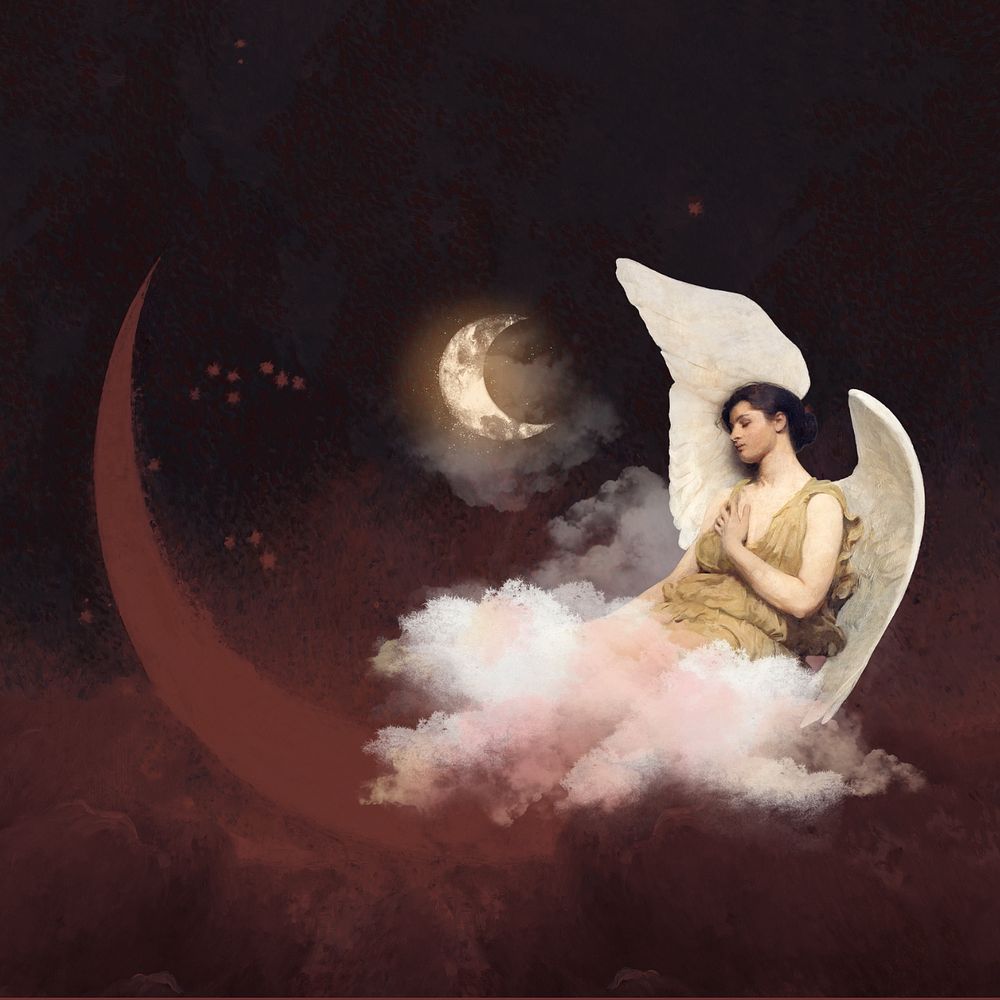 Editable vintage angel, aesthetic crescent moon night sky design, remixed by rawpixel