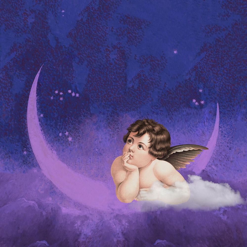 Editable vintage cherub and crescent moon design, remixed by rawpixel