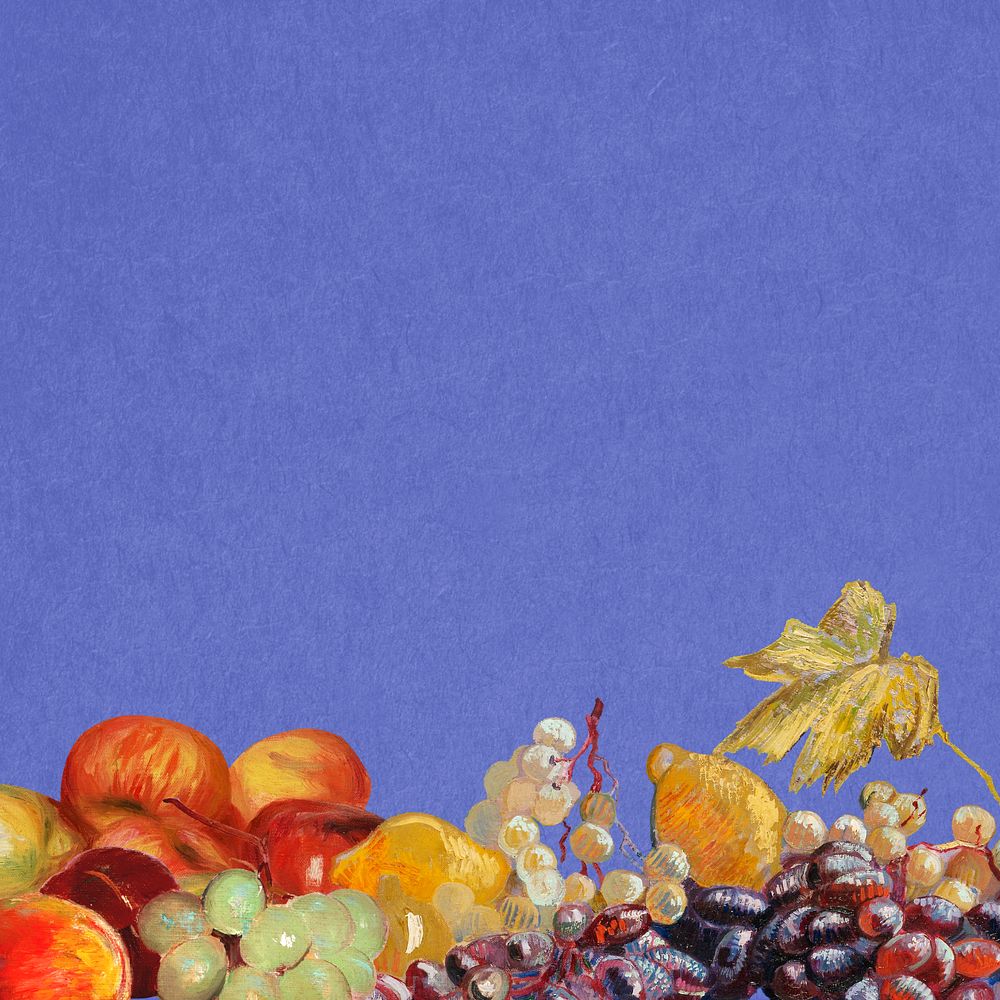 Vintage fruit border blue background, editable famous paintings design, remixed by rawpixel