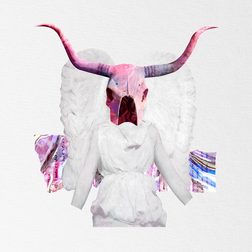 Editable anthropomorphic angel with longhorn mask collage art 