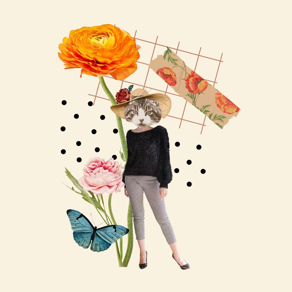 Editable anthropomorphic cat collage art, fashionable cat with flowers and butterfly 