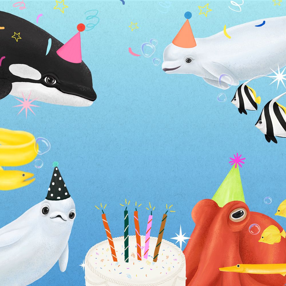 Sea animal birthday background, editable illustration border