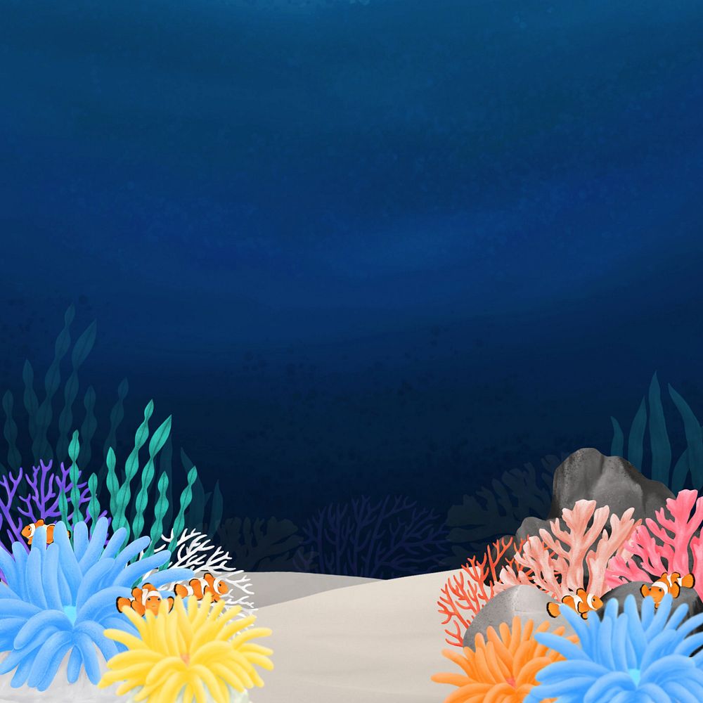 Underwater world, dark background, editable illustration border