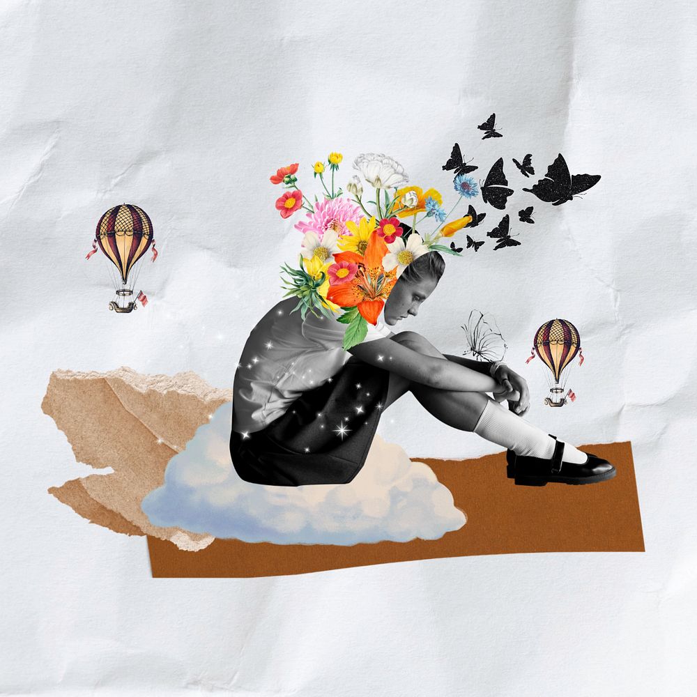 Student's mental health, surreal collage art, editable design