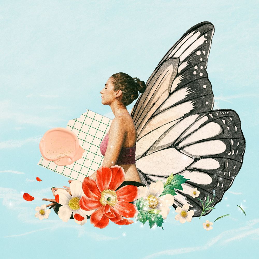 Surreal butterfly-winged woman, aesthetic floral remix, editable design