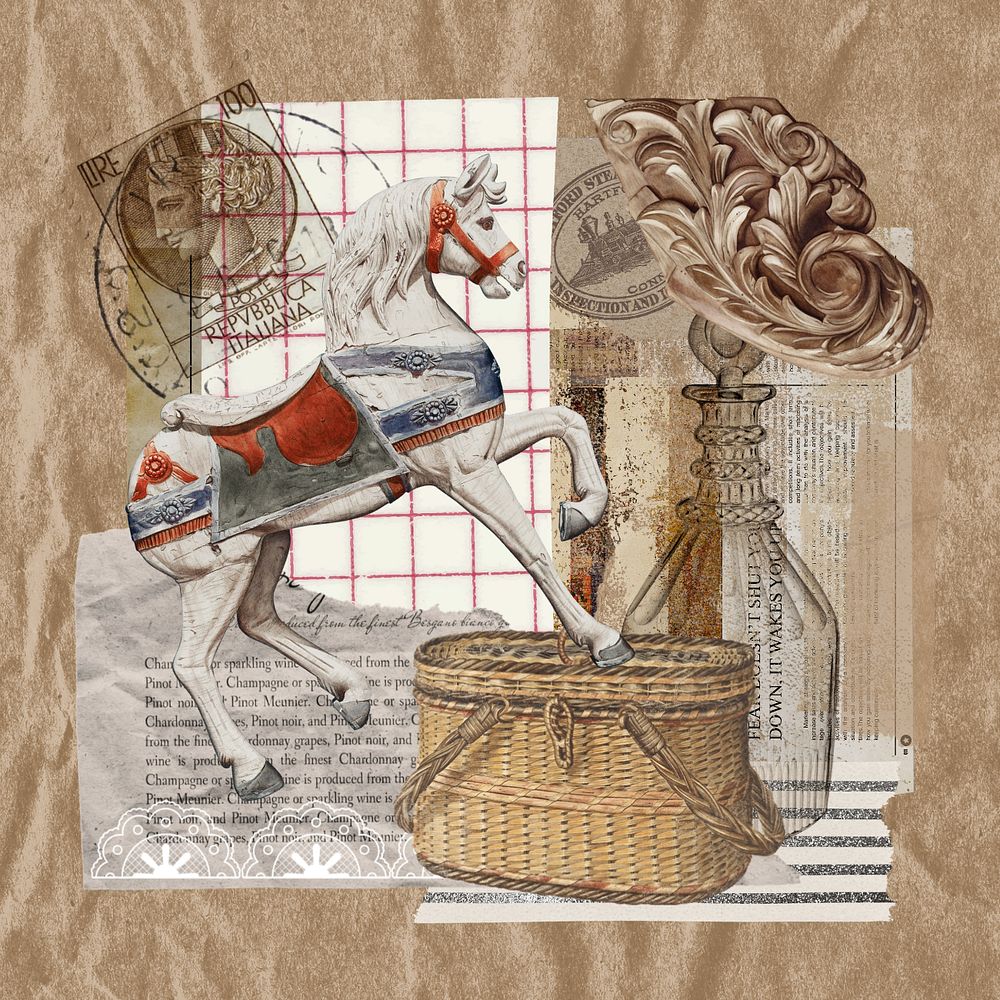 Aesthetic horse carousel, vintage collage, editable design