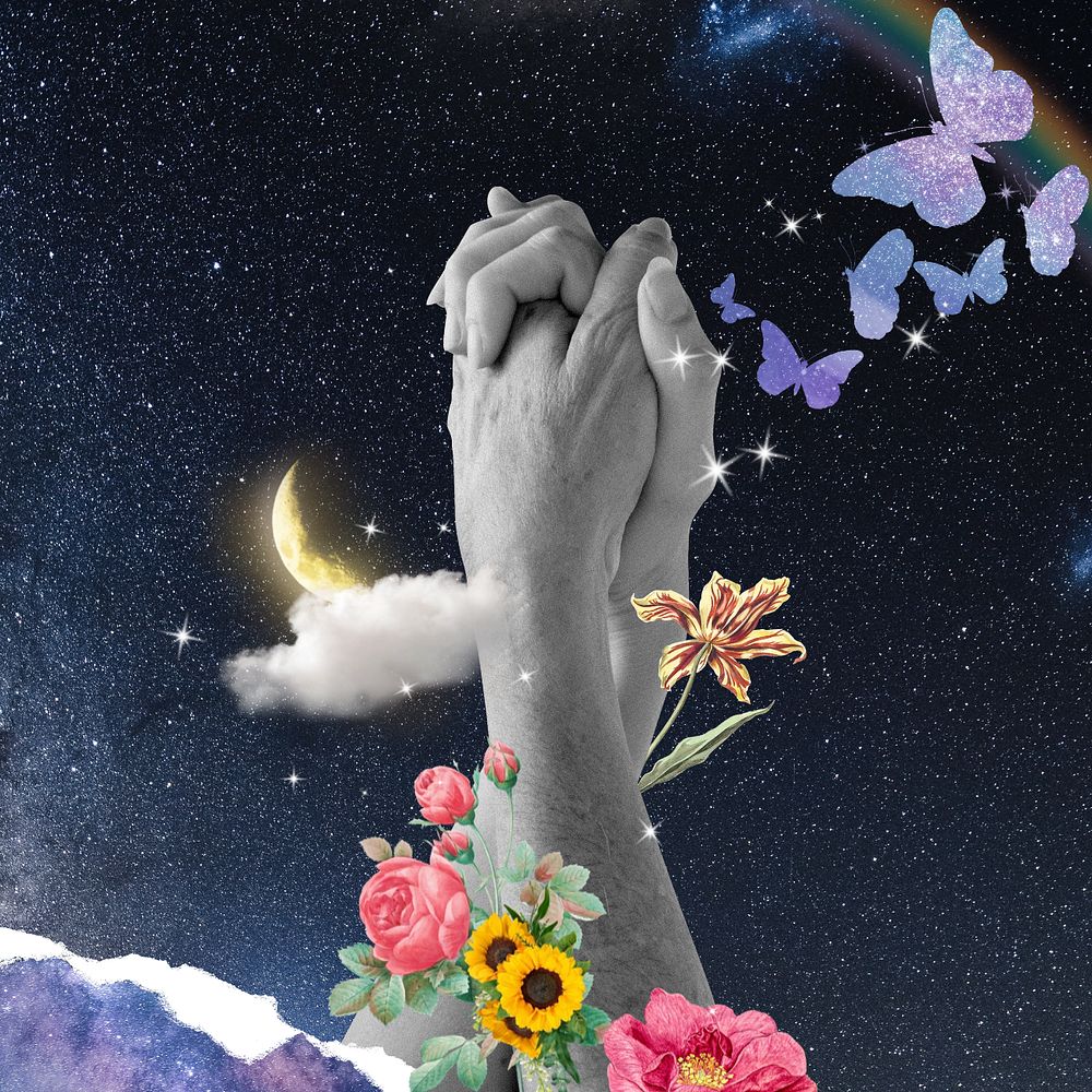 Couple holding hands, surreal flower remix, editable design