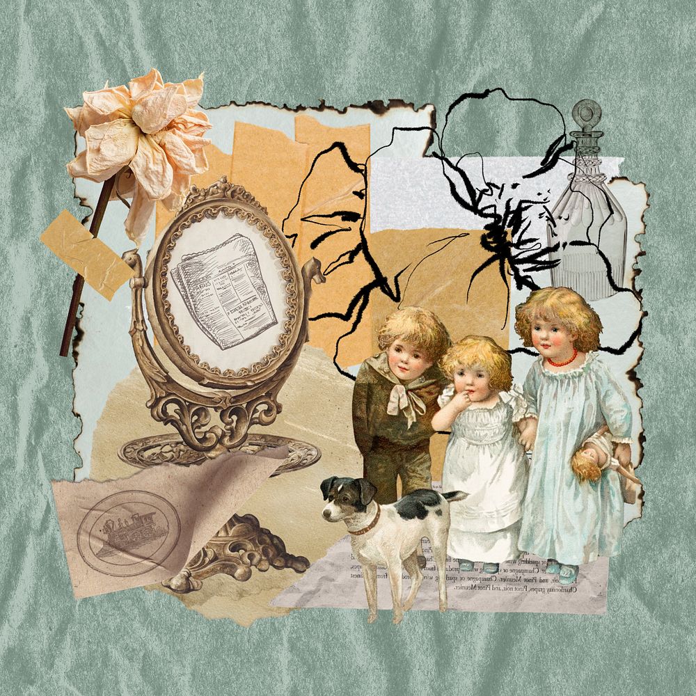 Antique objects collage, ephemera style, editable design