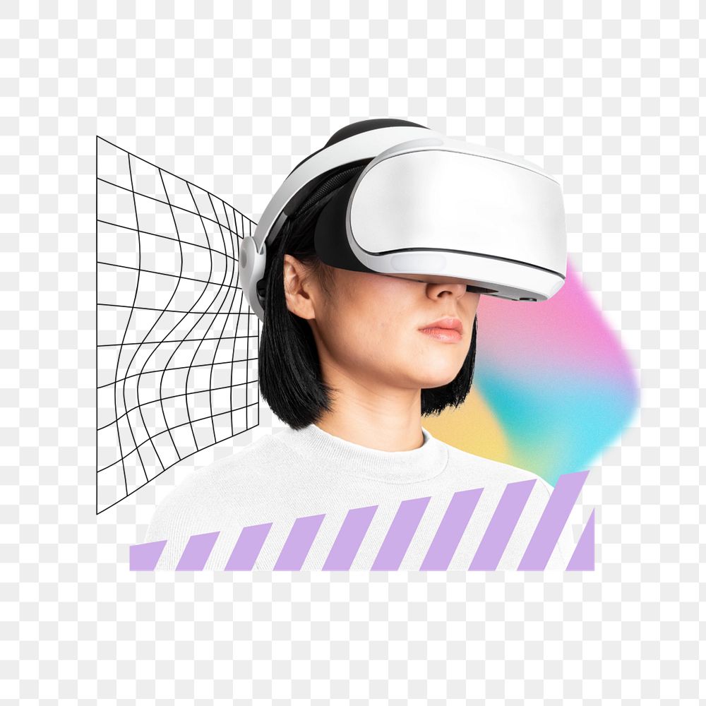 VR woman png sticker, creative pastel holographic remix, editable design