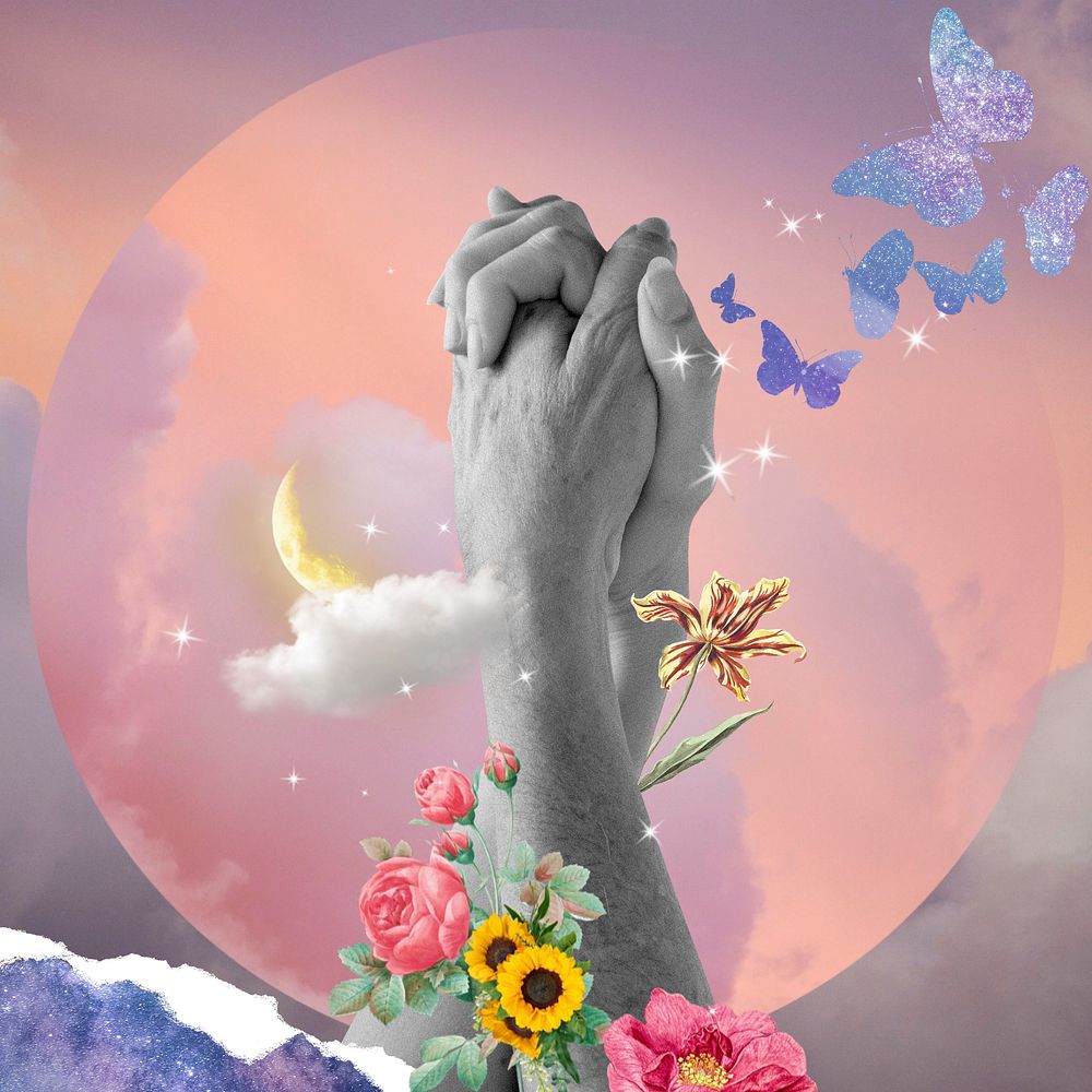 Couple holding hands, surreal flower remix, editable design