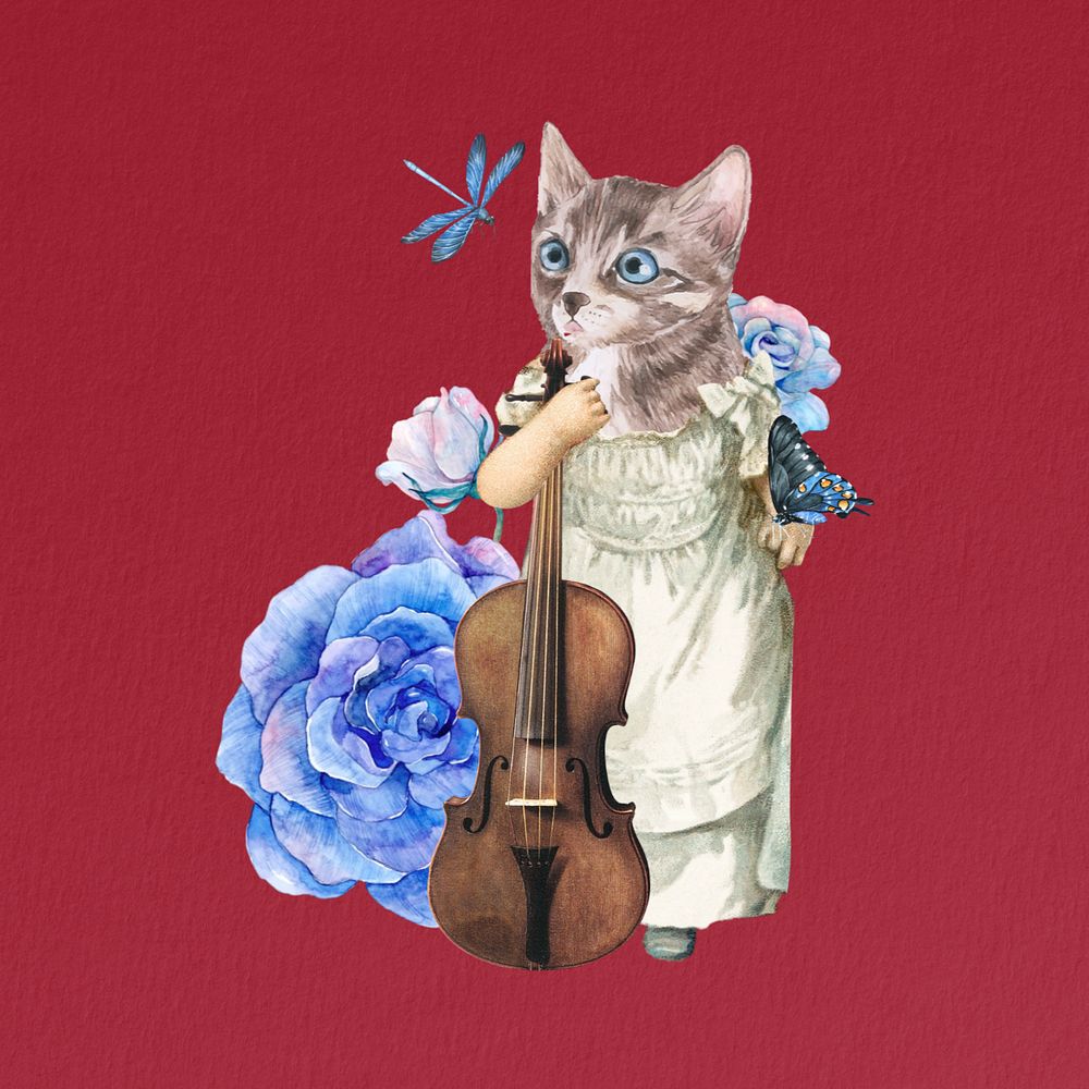 Editable anthropomorphic cat violinist collage