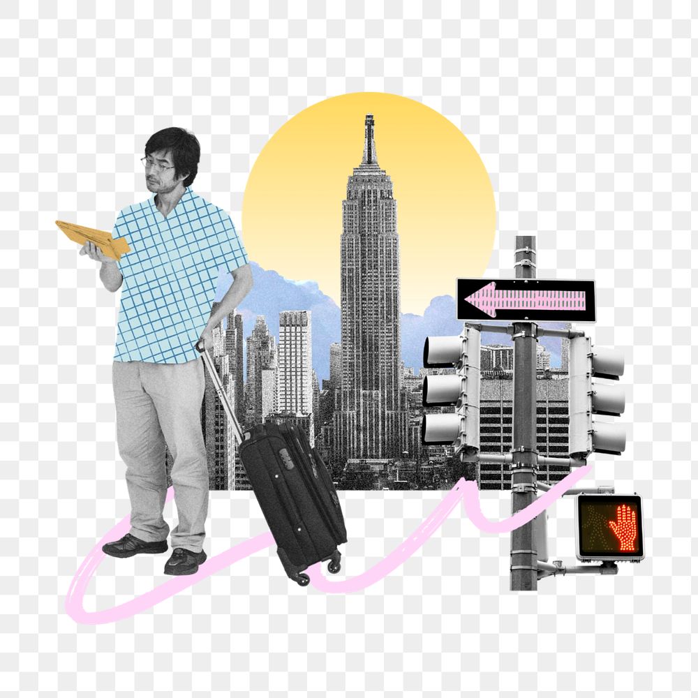 Traveling man with luggage png, creative collage art, editable design