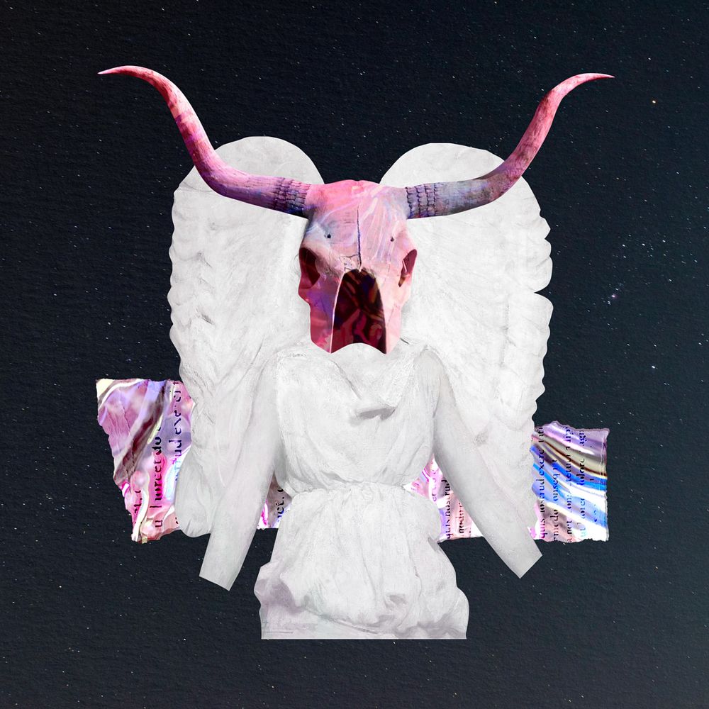 Editable anthropomorphic angel with longhorn mask collage art 