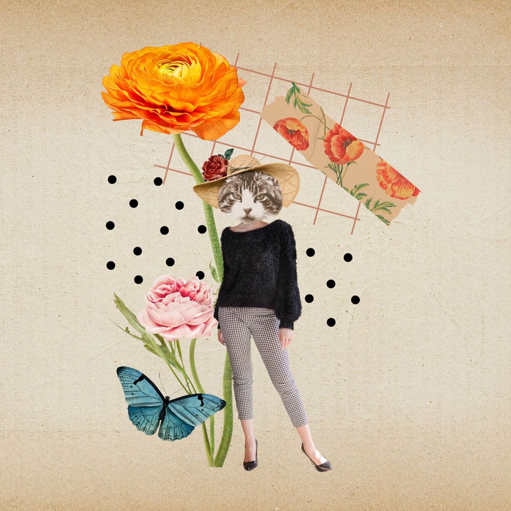 Editable anthropomorphic cat collage art, fashionable cat with flowers and butterfly 