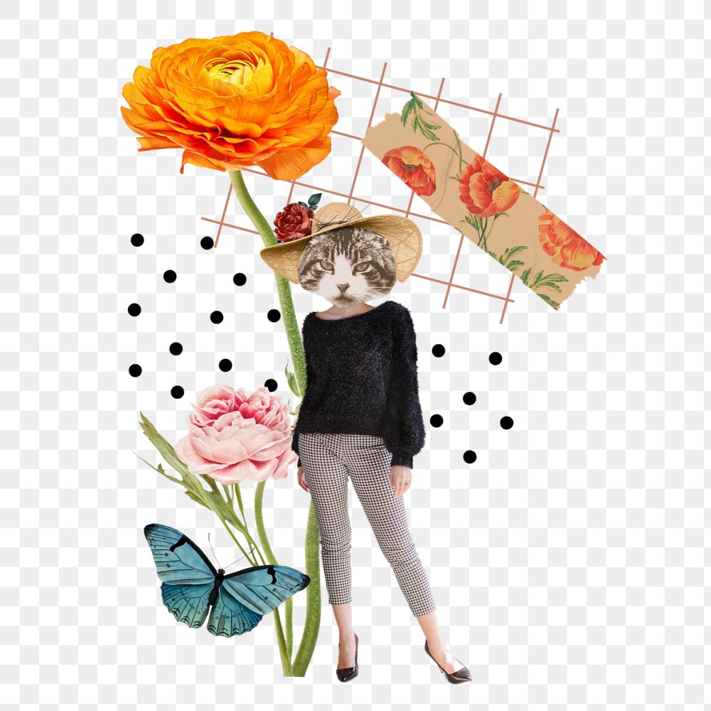 Png editable anthropomorphic cat collage art on transparent background