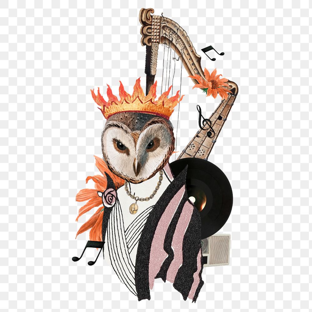 Png owl aesthetic bird collage remix art with harp on transparent background