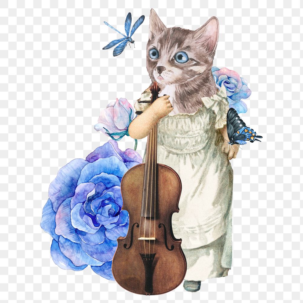 Png editable anthropomorphic cat violinist collage on transparent background