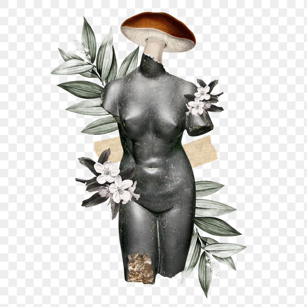 Png mushroom and statue editable anthropomorphic collage on transparent background