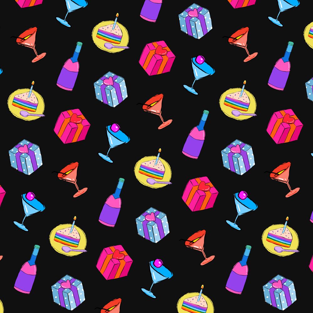 Birthday party pattern, black background, editable design