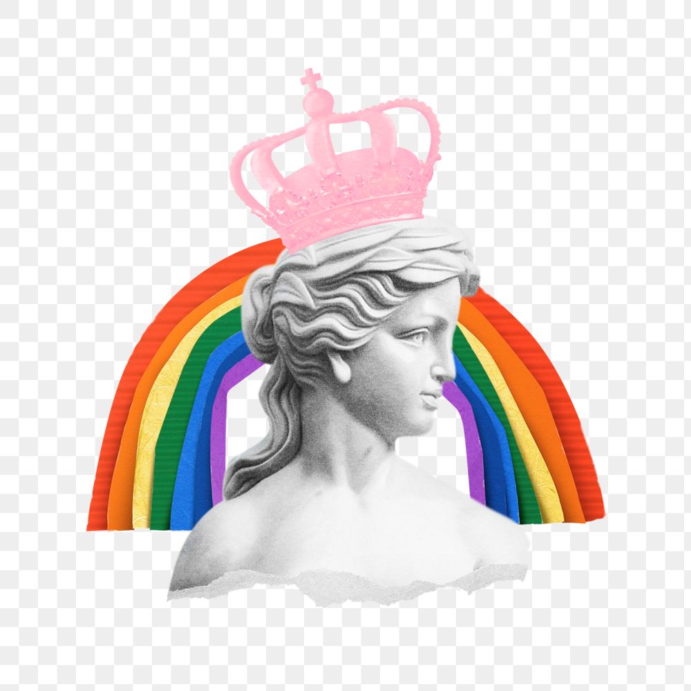 Aesthetic pride month element png, editable crowned female sculpture collage remix design