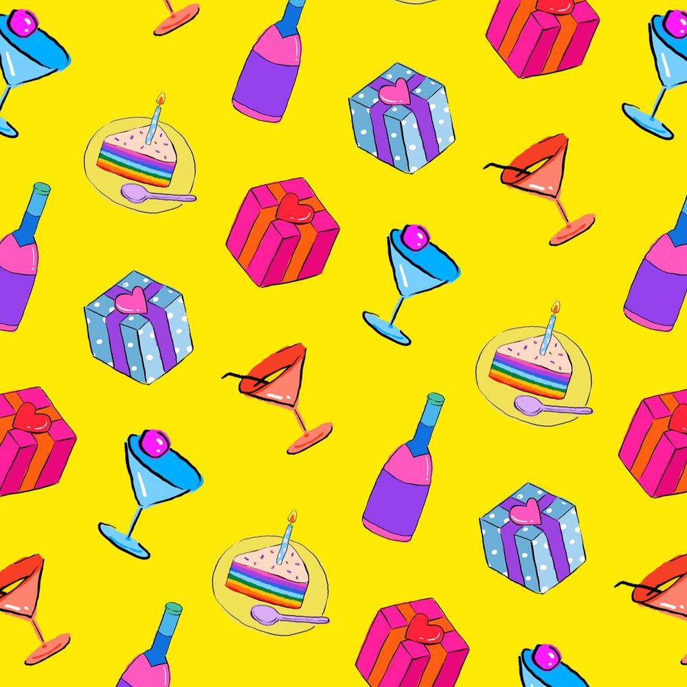 Birthday party pattern, yellow background, editable design