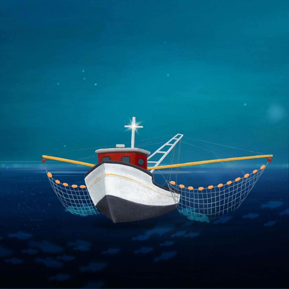 Fishing trawler, night background, customizable aesthetic illustration remix