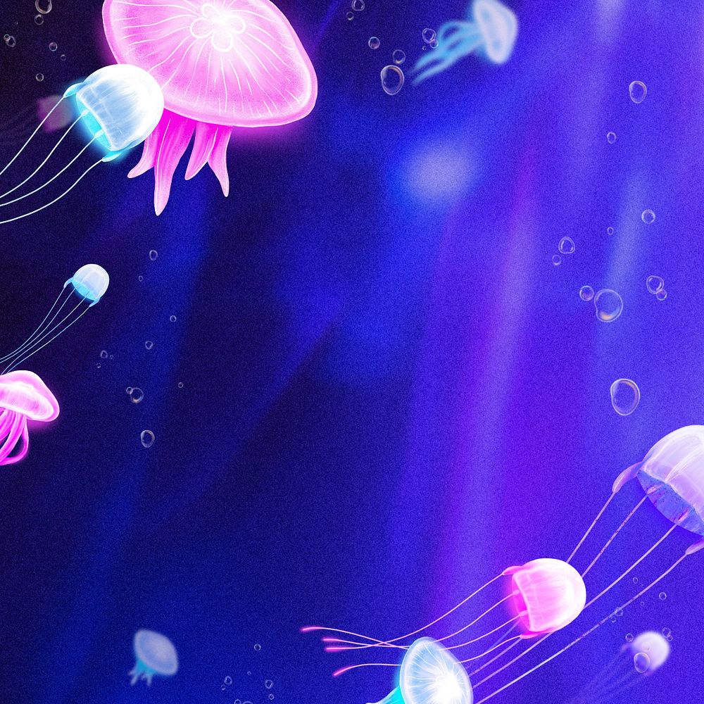 Neon jellyfish, purple background, editable illustration border