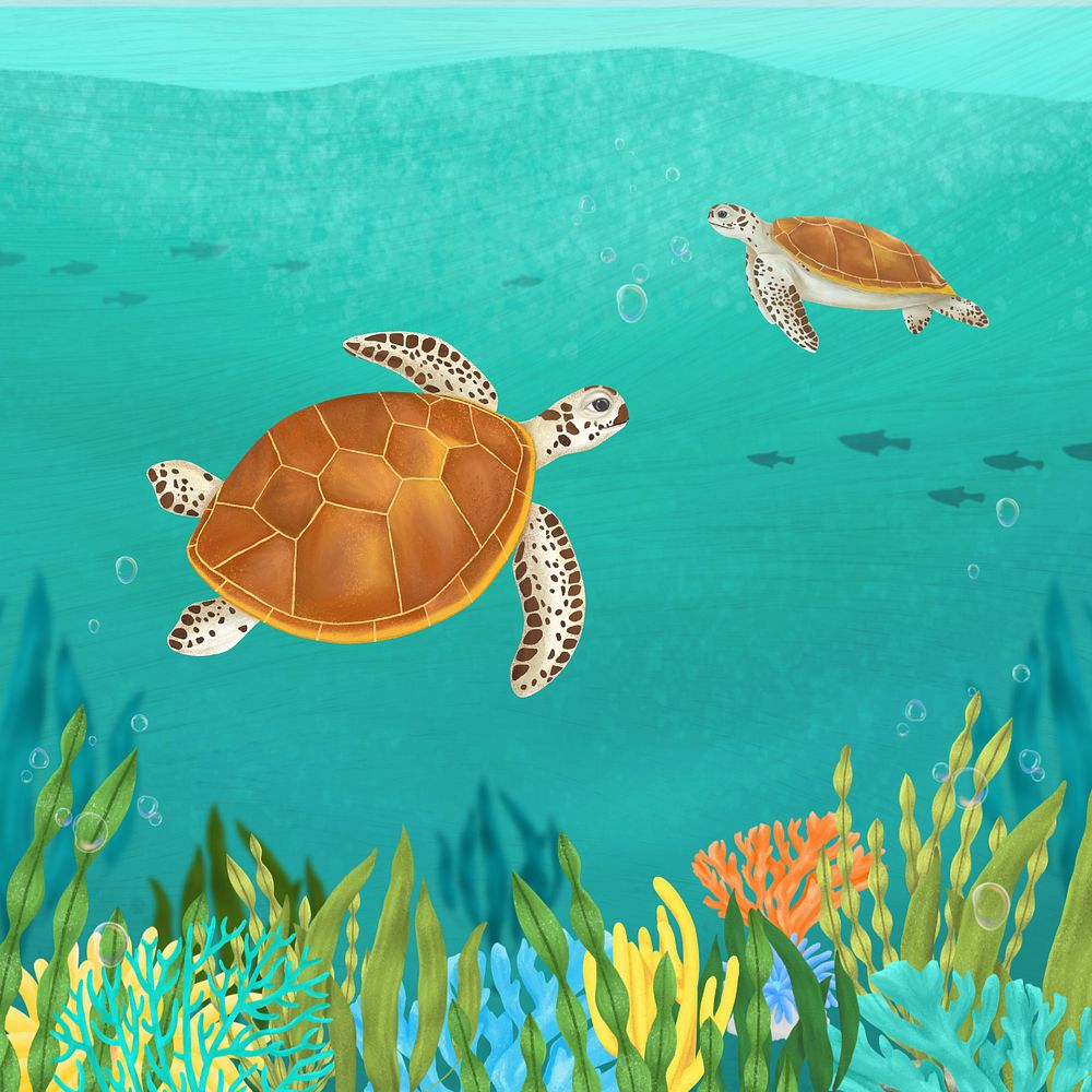 Sea turtles, green background, customizable aesthetic illustration remix