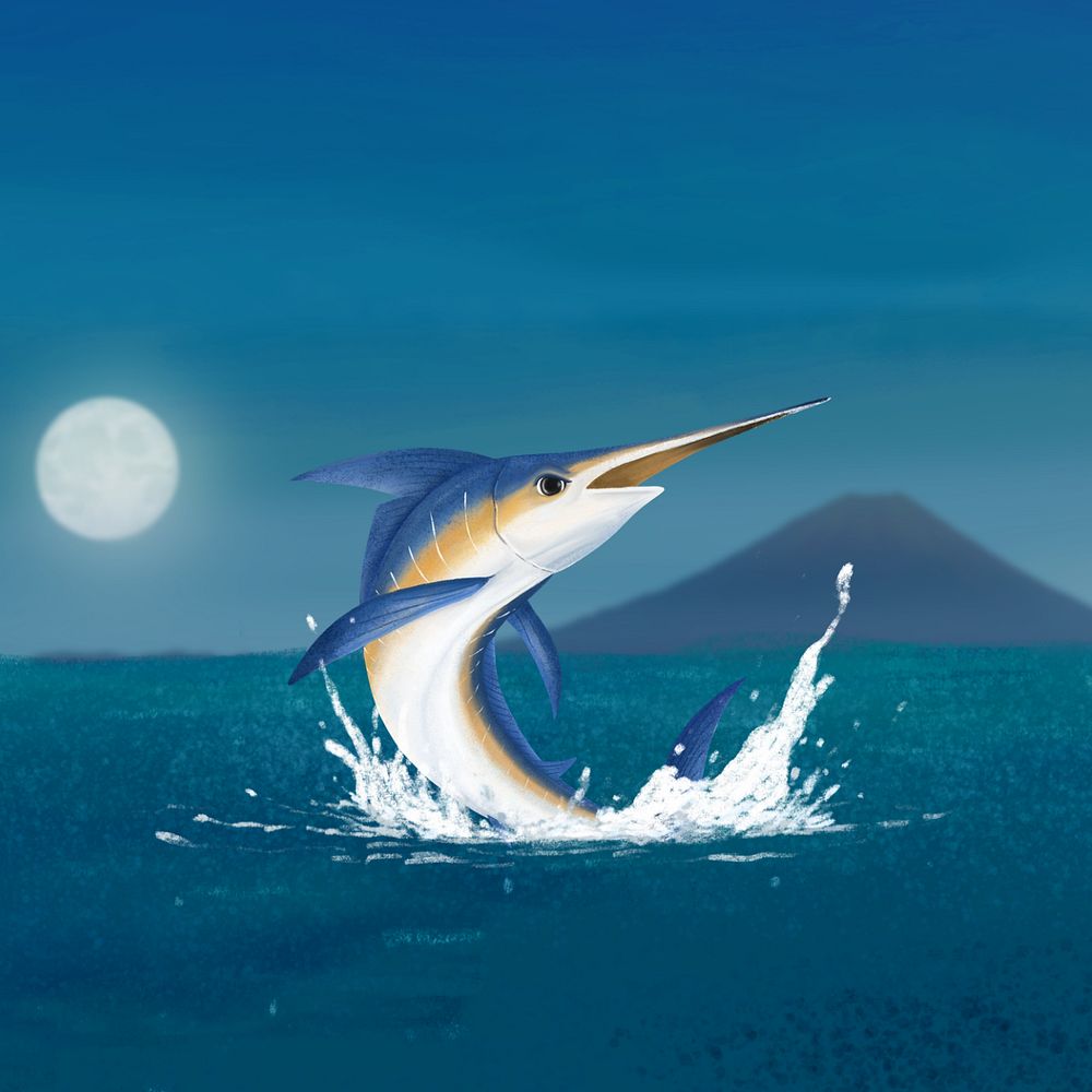 Night fishing, blue background, customizable aesthetic illustration remix