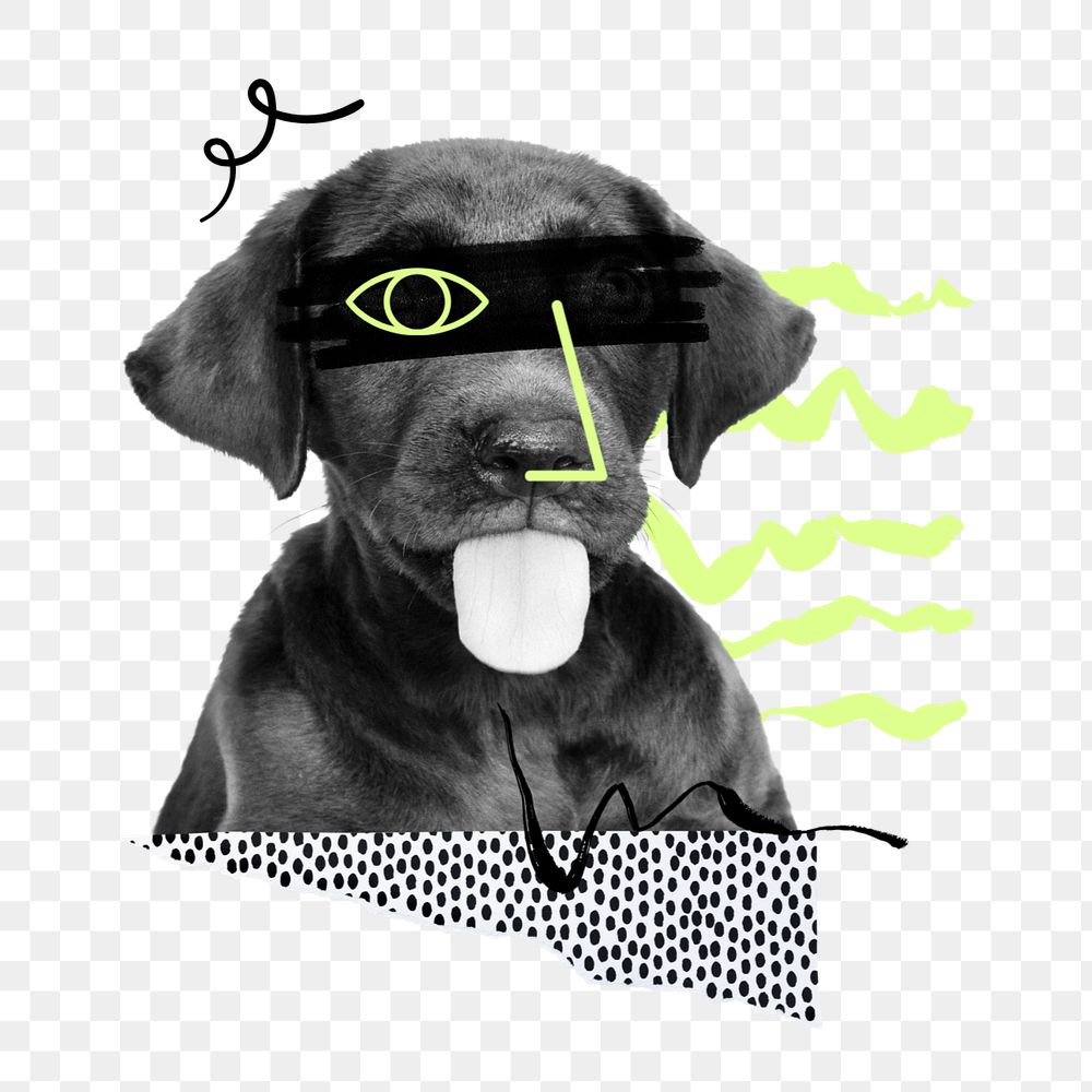 Funny dog png sticker, cute face doodle, abstract collage, editable design