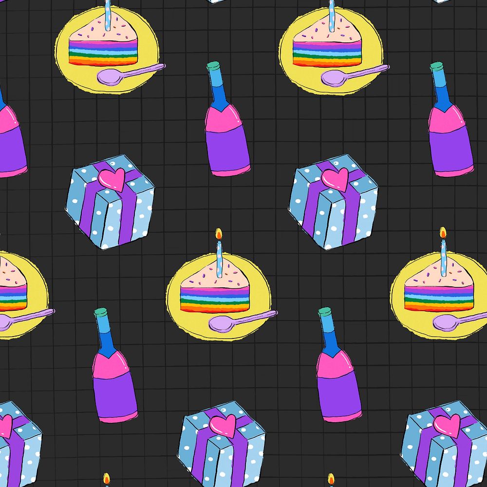 Birthday party pattern, black background, editable design