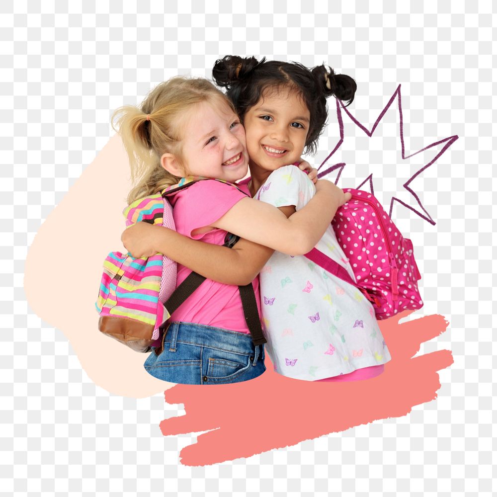 Little girls hugging png, education collage art, editable design