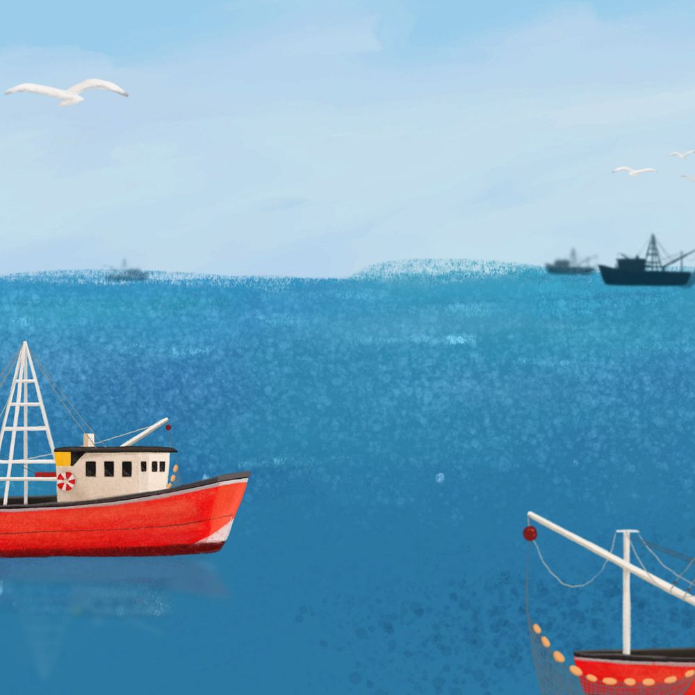 Fishing boats, blue background, customizable aesthetic illustration remix