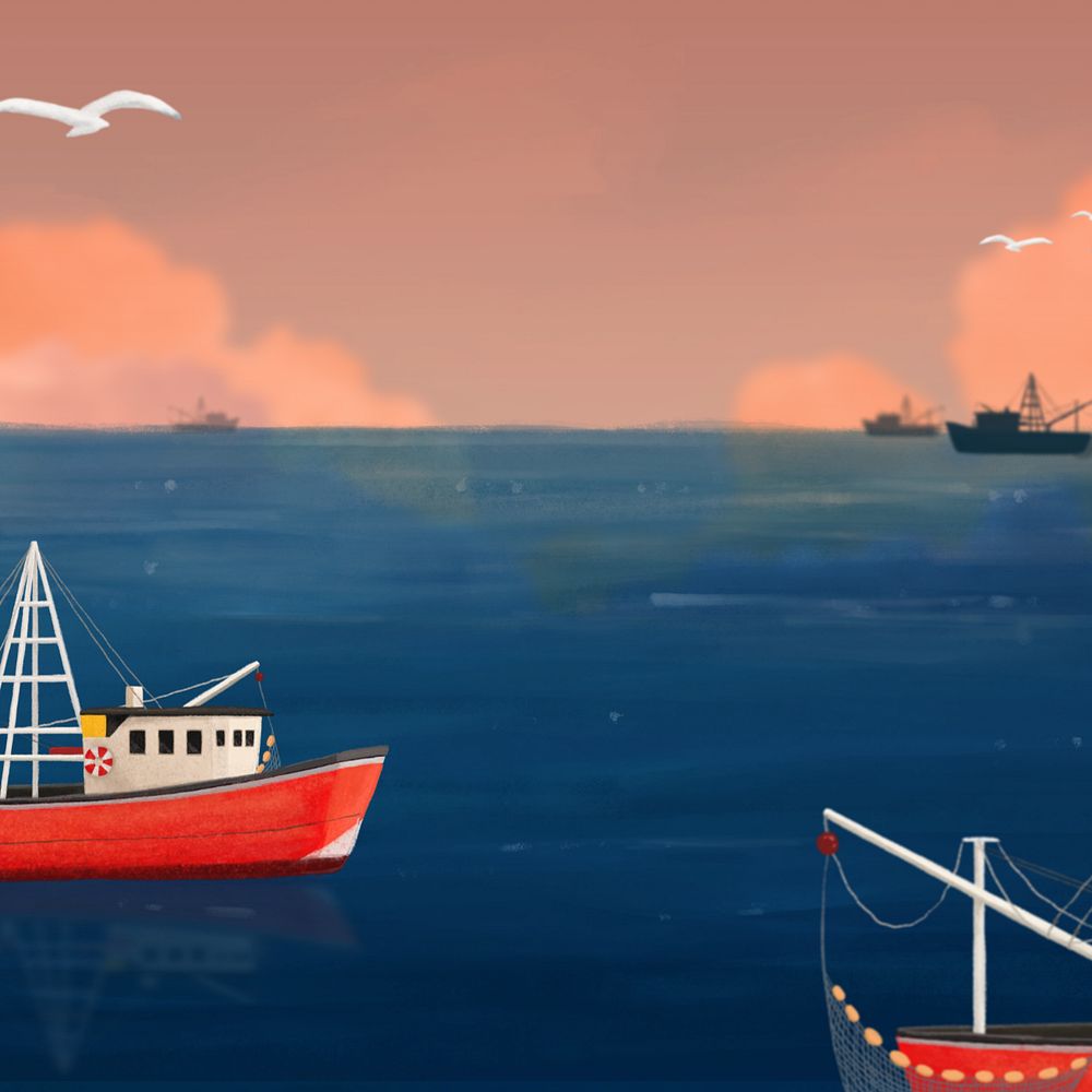 Fishing boats seascape background, customizable aesthetic illustration remix